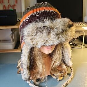 Cozy Knit Adult Trapper‎ Hat with Faux Fur Lining. One Size .